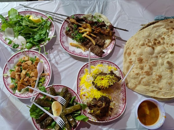 Chef's mixed spread with dolma, kebab, chicken masala rice and lentil soup